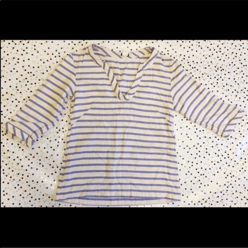 J. Crew Stripe Linen Peasant V-Neck Blouse